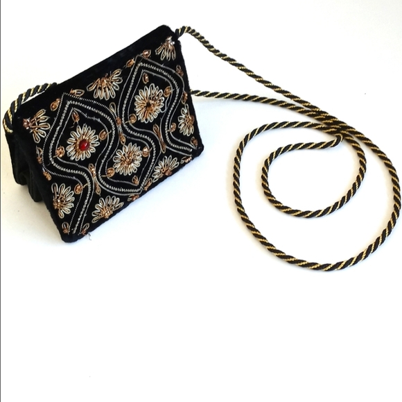 Vintage Handbags - Gorgeous Embellished Gold Stitching Vintage Black Velvet Mini Purse